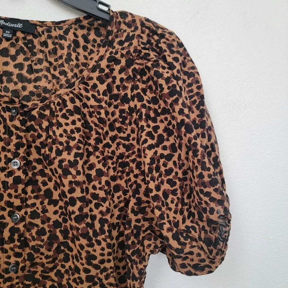Madewell Leopard Print Balloon Short Puff Sleeve Button‎ Front Sz XS Cotton